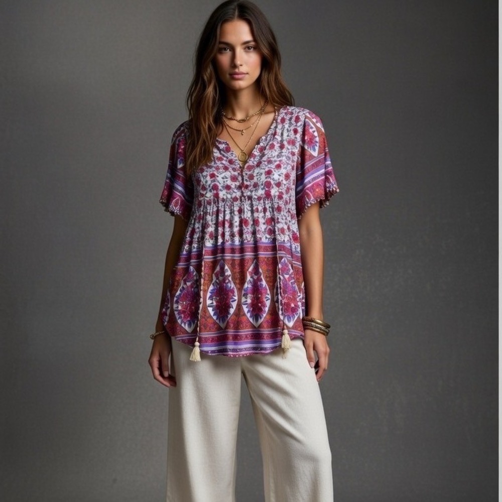 THML Womens Boho Floral Peasant Blouse Pink Purple Tassel Pom Pom Size Medium